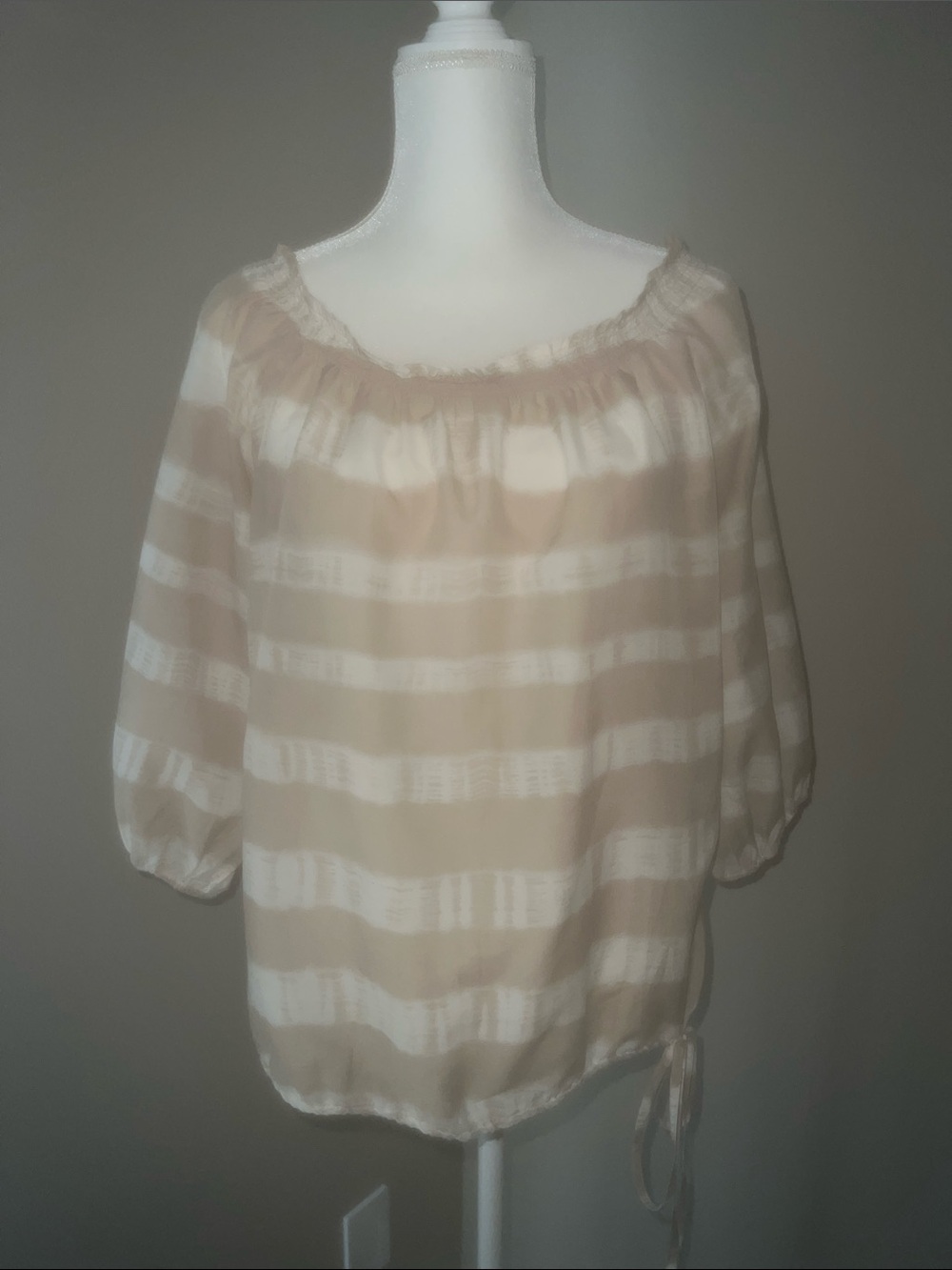 Loft Beige and White Striped Off-Shoulder Blouse